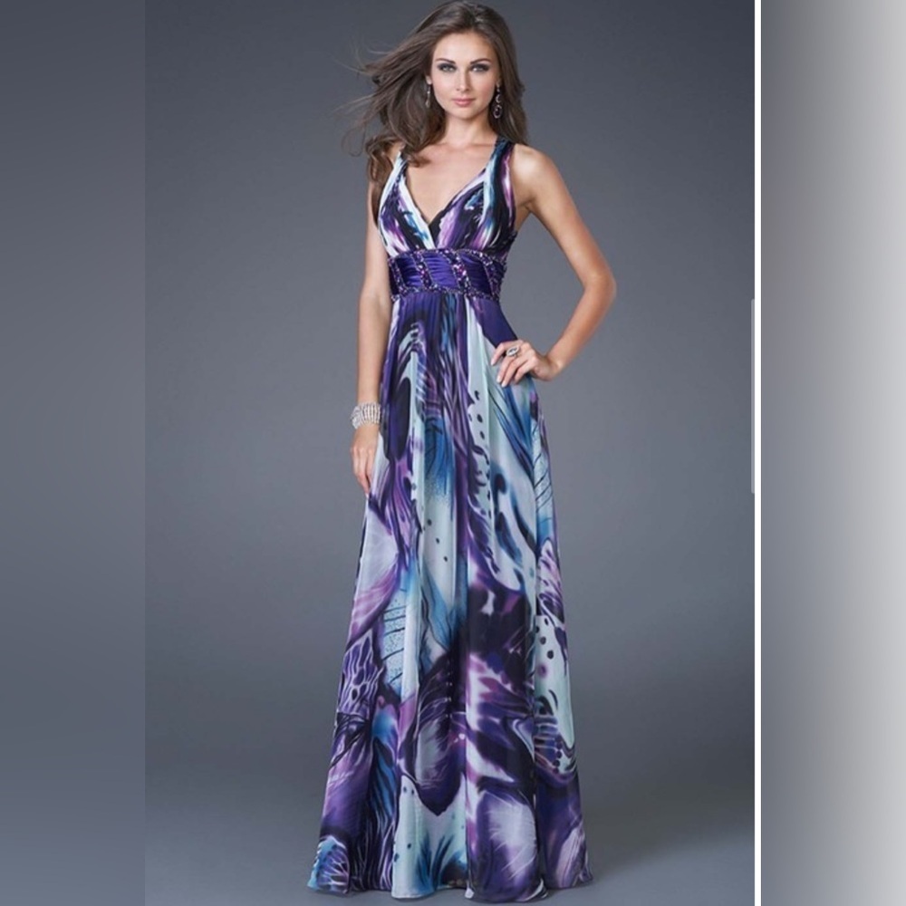 La Femme Embellished Twist Knot Back V Neck Chest Maxi Dress Gown Butterfly 10
